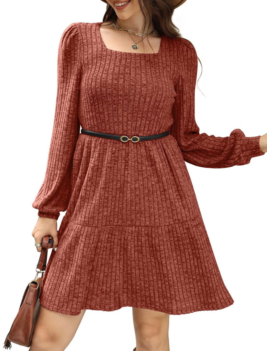 Women's Square Neck Lantern Sleeve Ribbed Dress - Buy 2, Get Free Shipping!