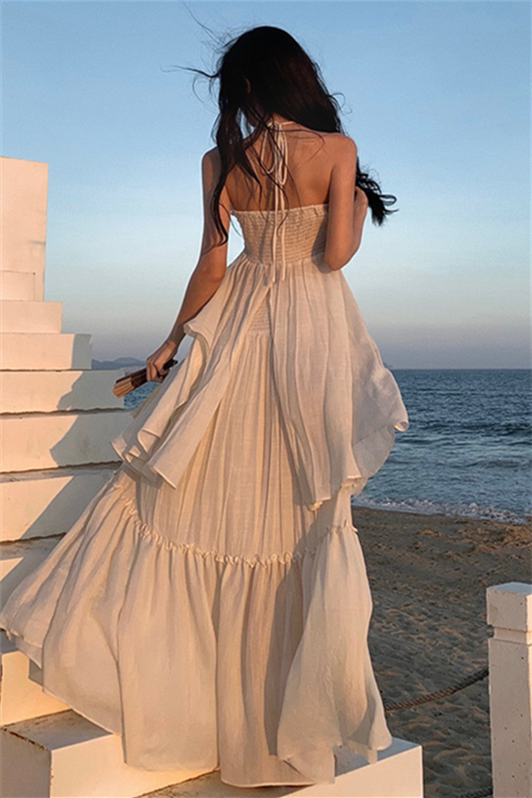 Seaside Vacation Two-Piece Dress Set – Backless Cami Top & Pleated Maxi Skirt