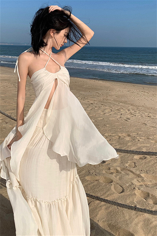 Seaside Vacation Two-Piece Dress Set – Backless Cami Top & Pleated Maxi Skirt