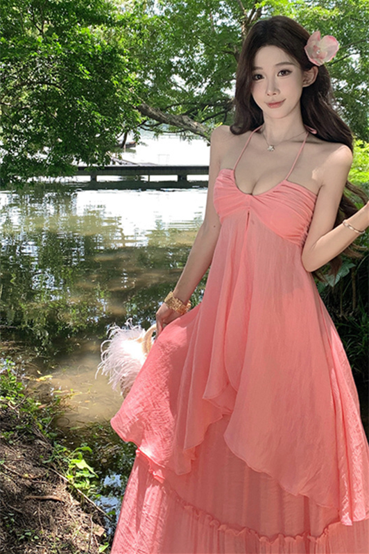 Seaside Vacation Two-Piece Dress Set – Backless Cami Top & Pleated Maxi Skirt