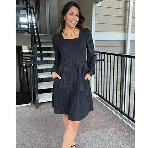 Women's Square Neck Lantern Sleeve Ribbed Dress - Buy 2, Get Free Shipping!