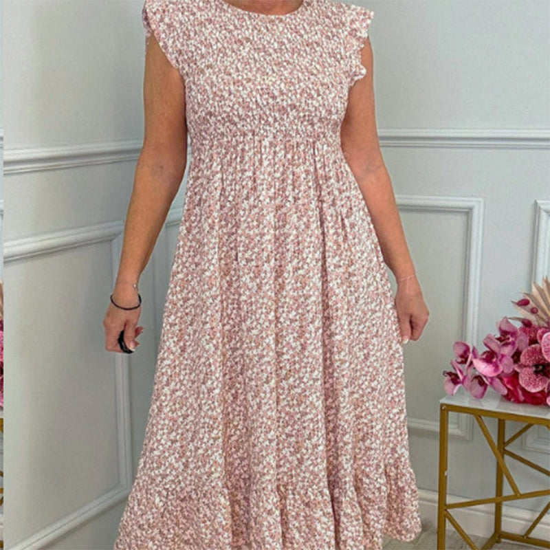 💃Women's Elegant Floral Print High-Waisted Ruffle Cap Sleeve Dress
