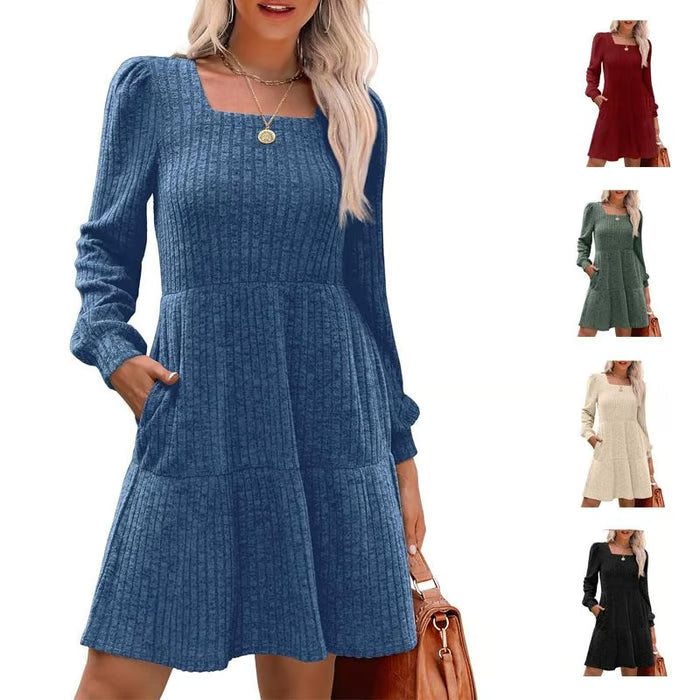 Women's Square Neck Lantern Sleeve Ribbed Dress - Buy 2, Get Free Shipping!