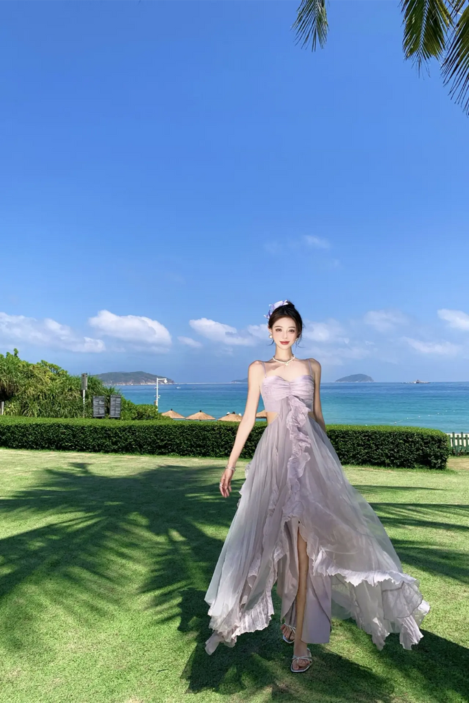 Dopamine Purple Tulle Strapless Maxi Dress – Dreamy Vacation Beach Sundress