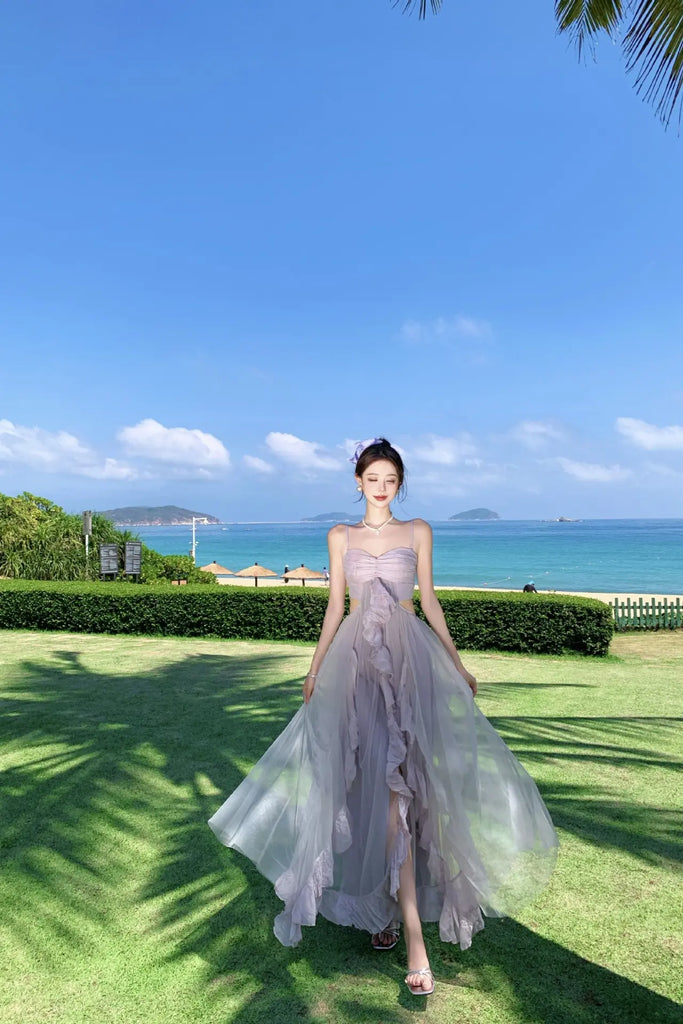 Dopamine Purple Tulle Strapless Maxi Dress – Dreamy Vacation Beach Sundress
