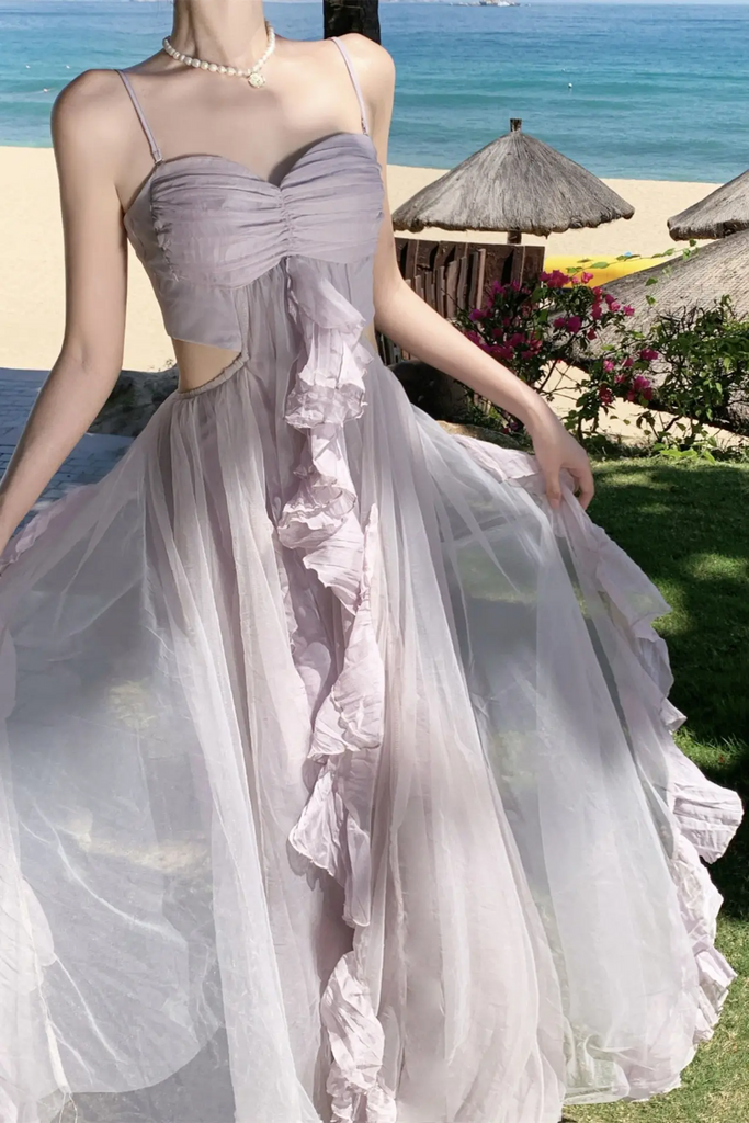Dopamine Purple Tulle Strapless Maxi Dress – Dreamy Vacation Beach Sundress
