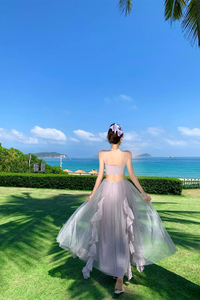 Dopamine Purple Tulle Strapless Maxi Dress – Dreamy Vacation Beach Sundress