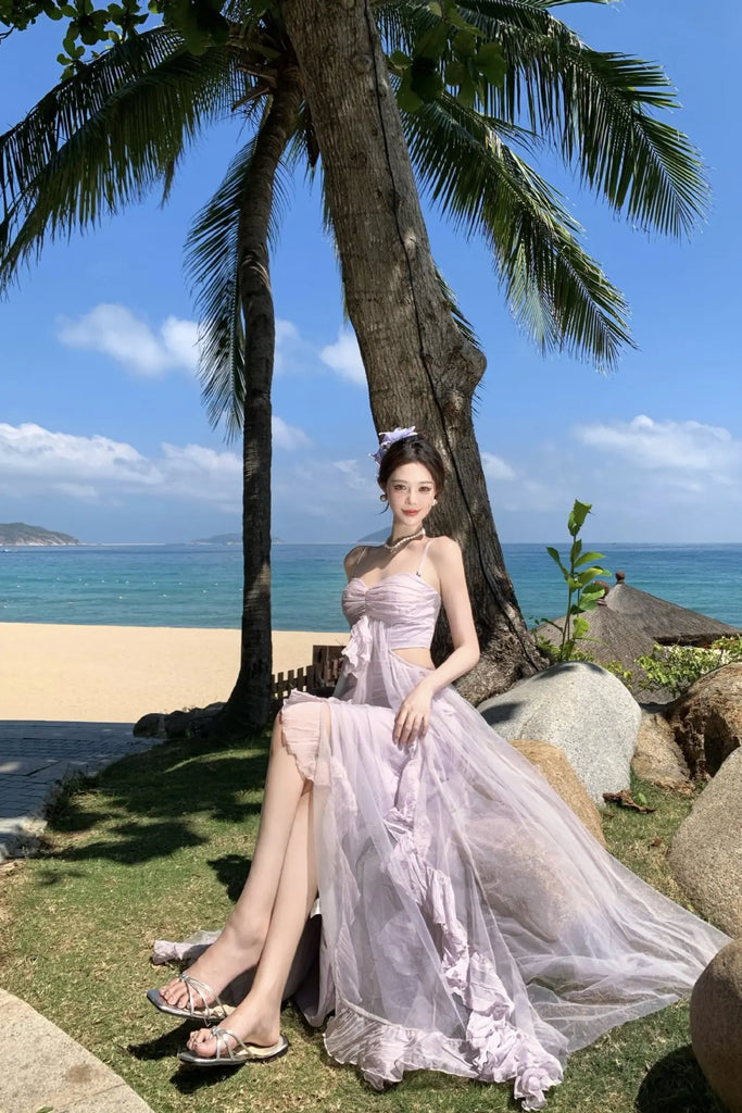 Dopamine Purple Tulle Strapless Maxi Dress – Dreamy Vacation Beach Sundress