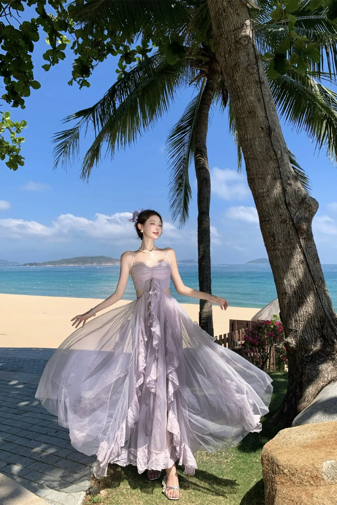 Dopamine Purple Tulle Strapless Maxi Dress – Dreamy Vacation Beach Sundress