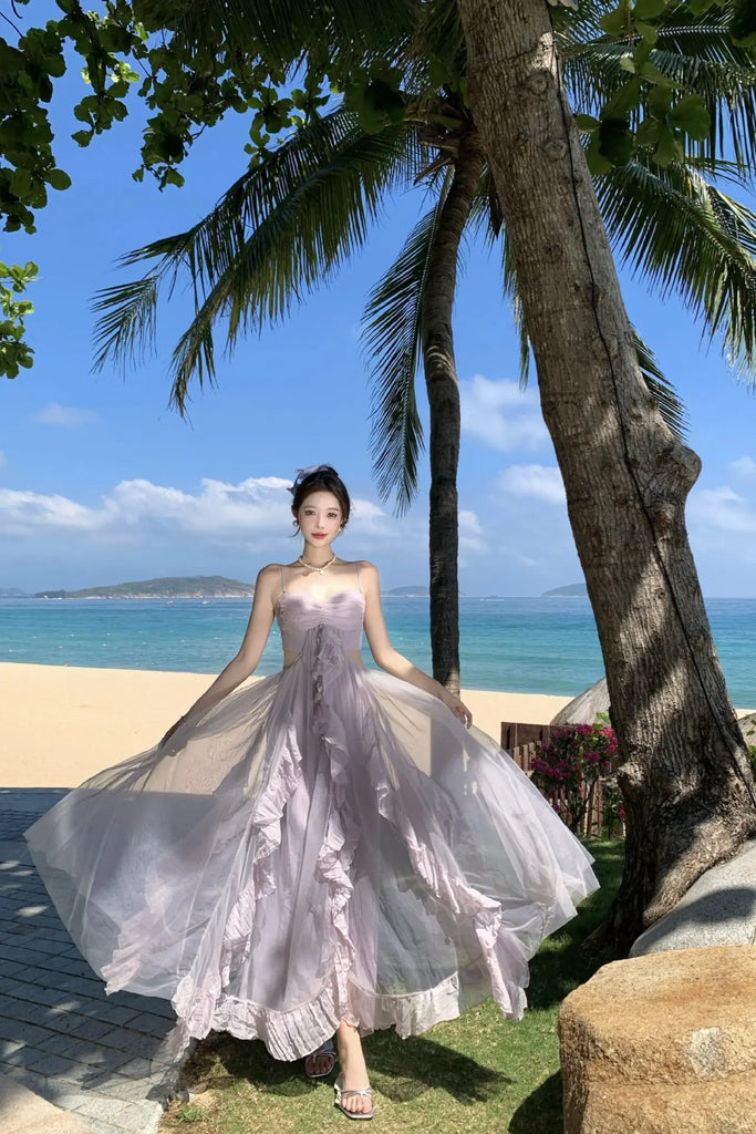 Dopamine Purple Tulle Strapless Maxi Dress – Dreamy Vacation Beach Sundress