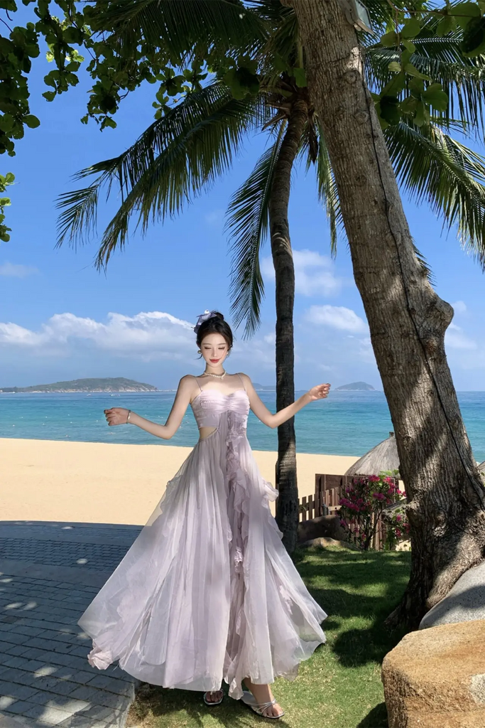 Dopamine Purple Tulle Strapless Maxi Dress – Dreamy Vacation Beach Sundress