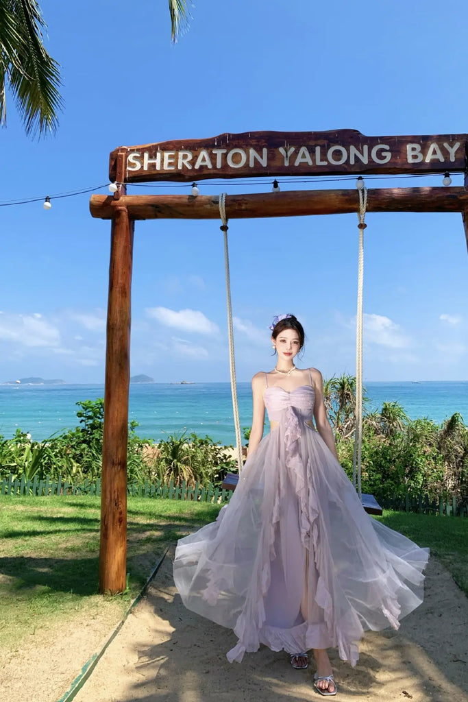 Dopamine Purple Tulle Strapless Maxi Dress – Dreamy Vacation Beach Sundress