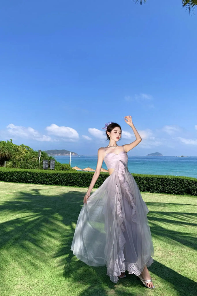 Dopamine Purple Tulle Strapless Maxi Dress – Dreamy Vacation Beach Sundress