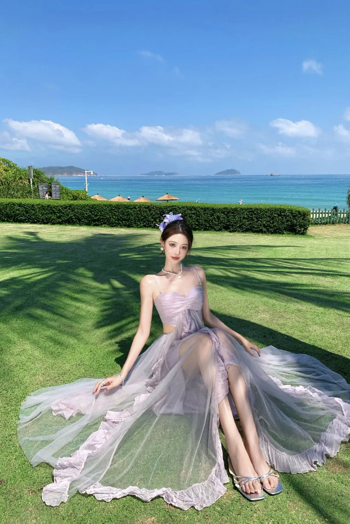 Dopamine Purple Tulle Strapless Maxi Dress – Dreamy Vacation Beach Sundress