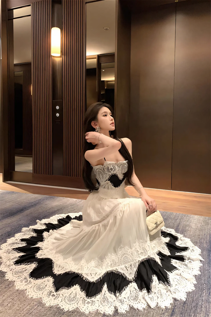 French Lace Patchwork Maxi Dress – Black & White Slimming Spaghetti Strap Gown