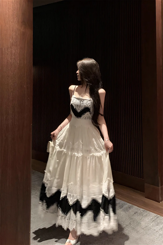 French Lace Patchwork Maxi Dress – Black & White Slimming Spaghetti Strap Gown