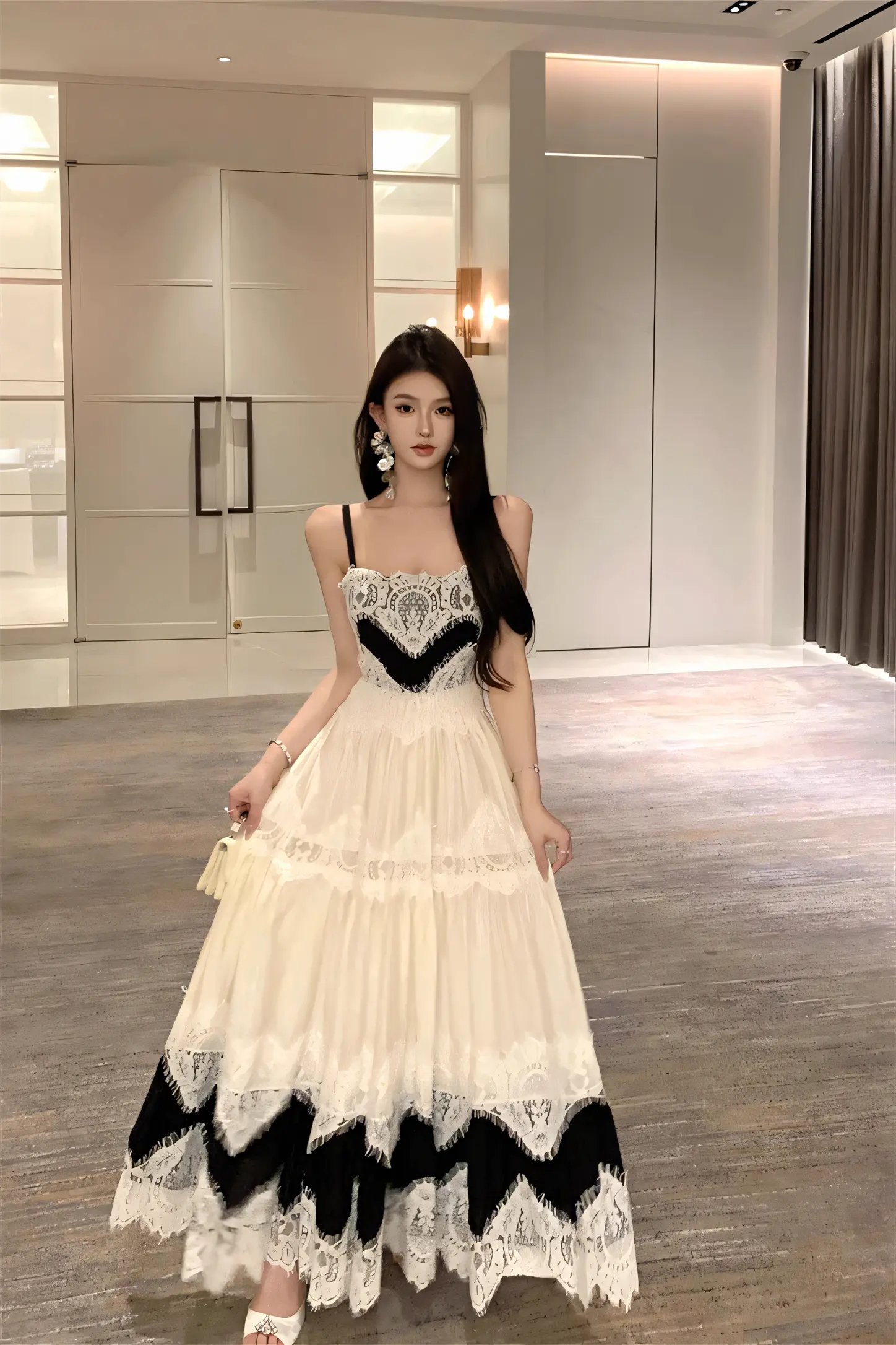 French Lace Patchwork Maxi Dress – Black & White Slimming Spaghetti Strap Gown