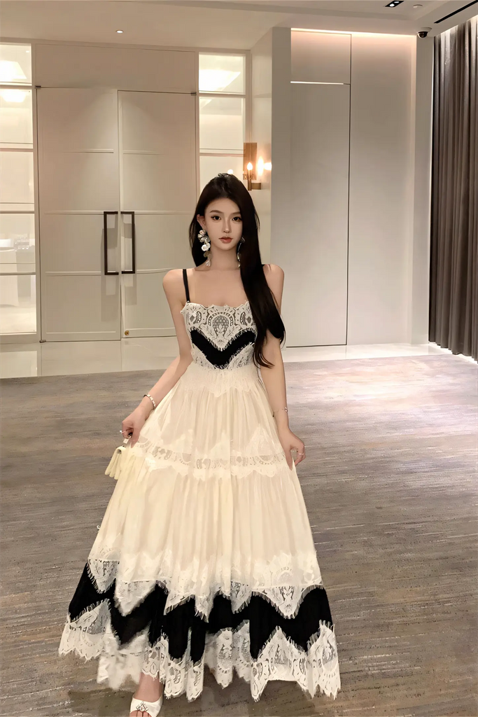 French Lace Patchwork Maxi Dress – Black & White Slimming Spaghetti Strap Gown