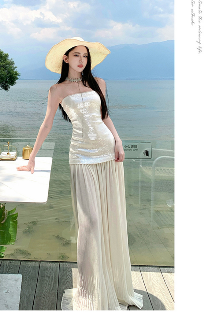 French Sequin Strapless Maxi Dress – Elegant Slimming Vacation Sundress
