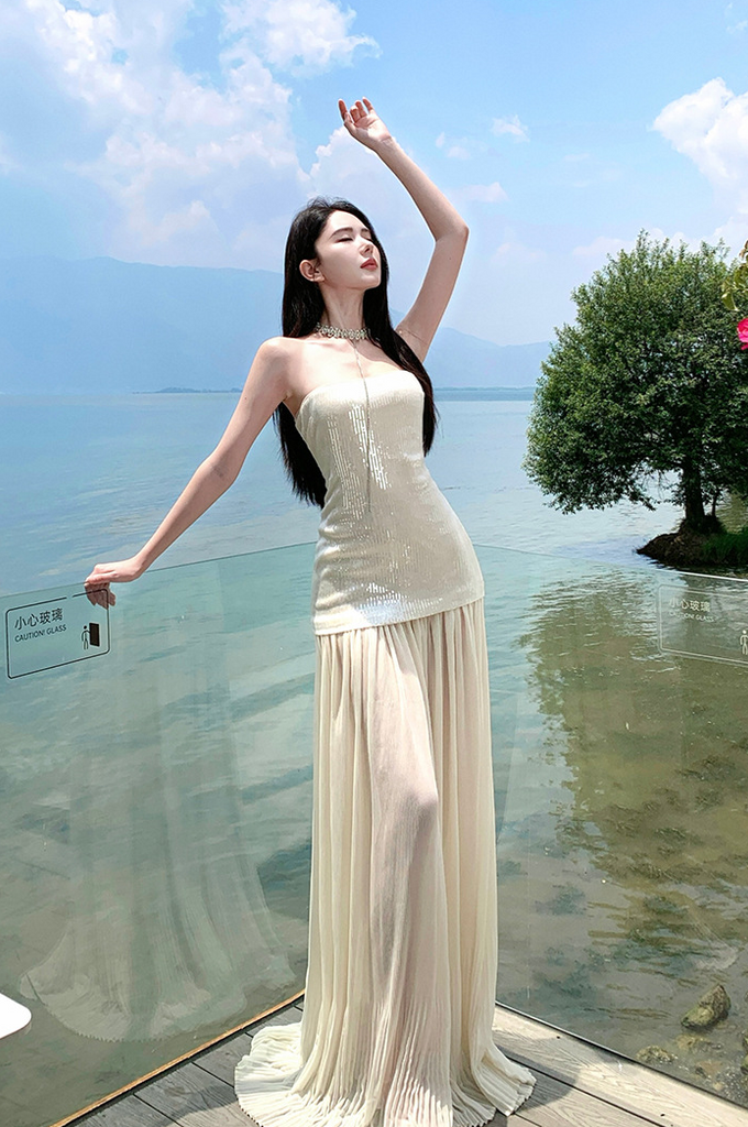 French Sequin Strapless Maxi Dress – Elegant Slimming Vacation Sundress