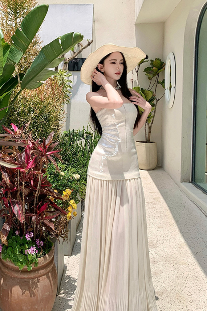 French Sequin Strapless Maxi Dress – Elegant Slimming Vacation Sundress