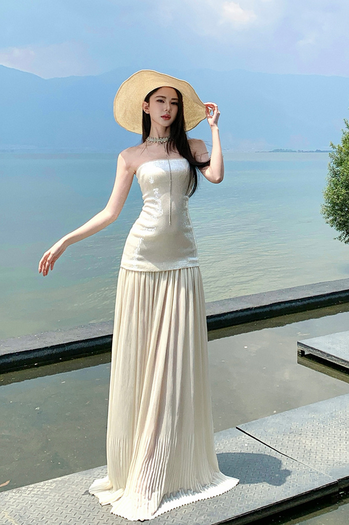 French Sequin Strapless Maxi Dress – Elegant Slimming Vacation Sundress