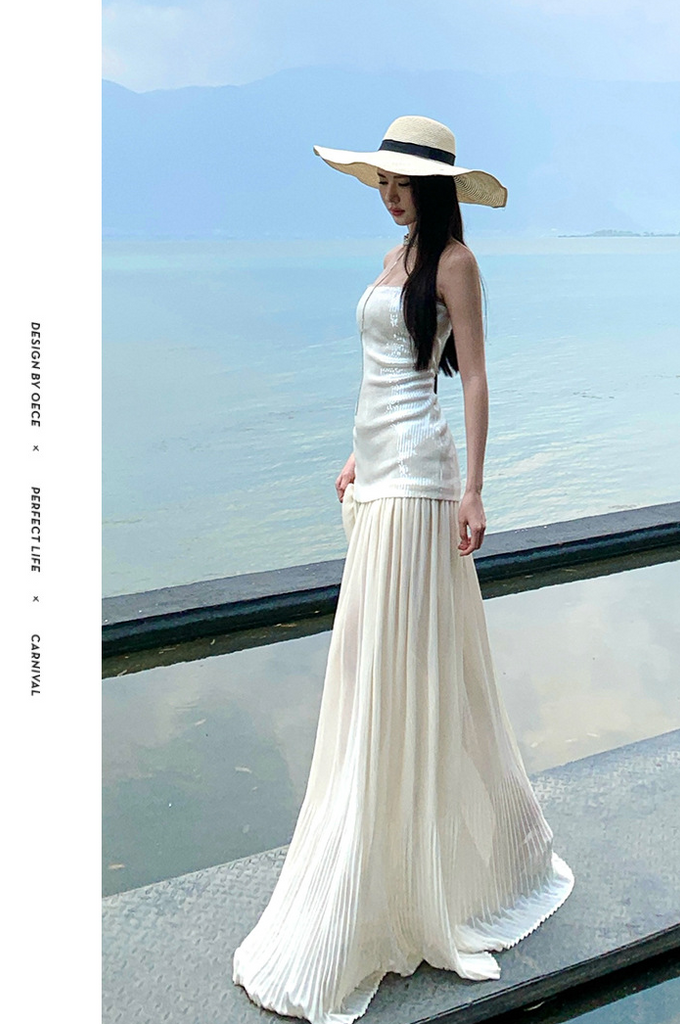 French Sequin Strapless Maxi Dress – Elegant Slimming Vacation Sundress