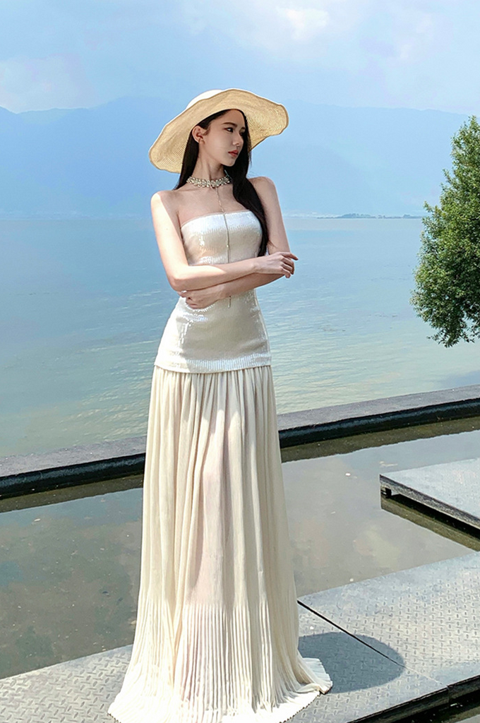 French Sequin Strapless Maxi Dress – Elegant Slimming Vacation Sundress