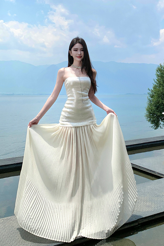 French Sequin Strapless Maxi Dress – Elegant Slimming Vacation Sundress