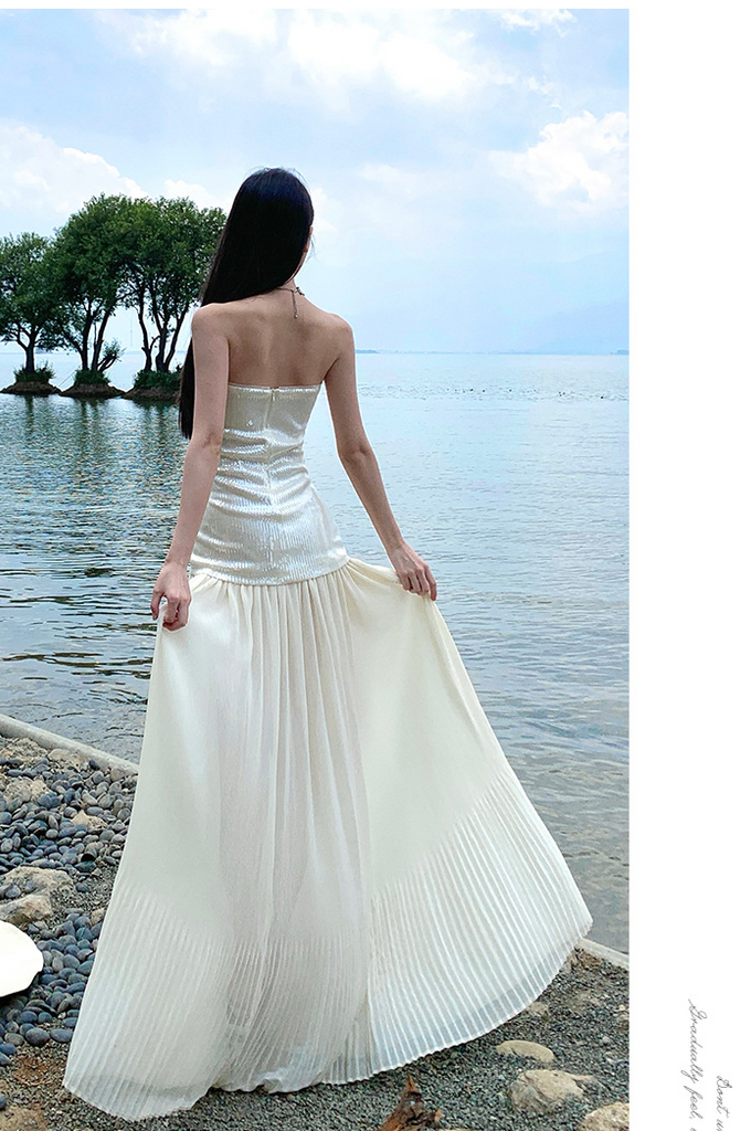 French Sequin Strapless Maxi Dress – Elegant Slimming Vacation Sundress