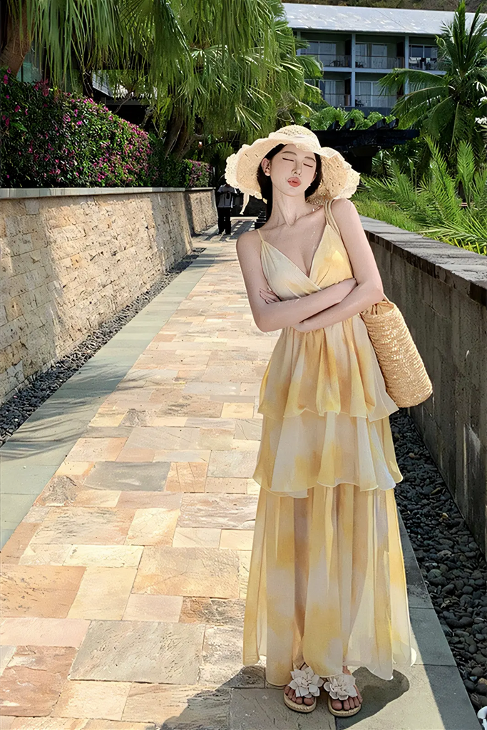 French Floral Tiered Maxi Dress – Summer Beach Vacation Sundress
