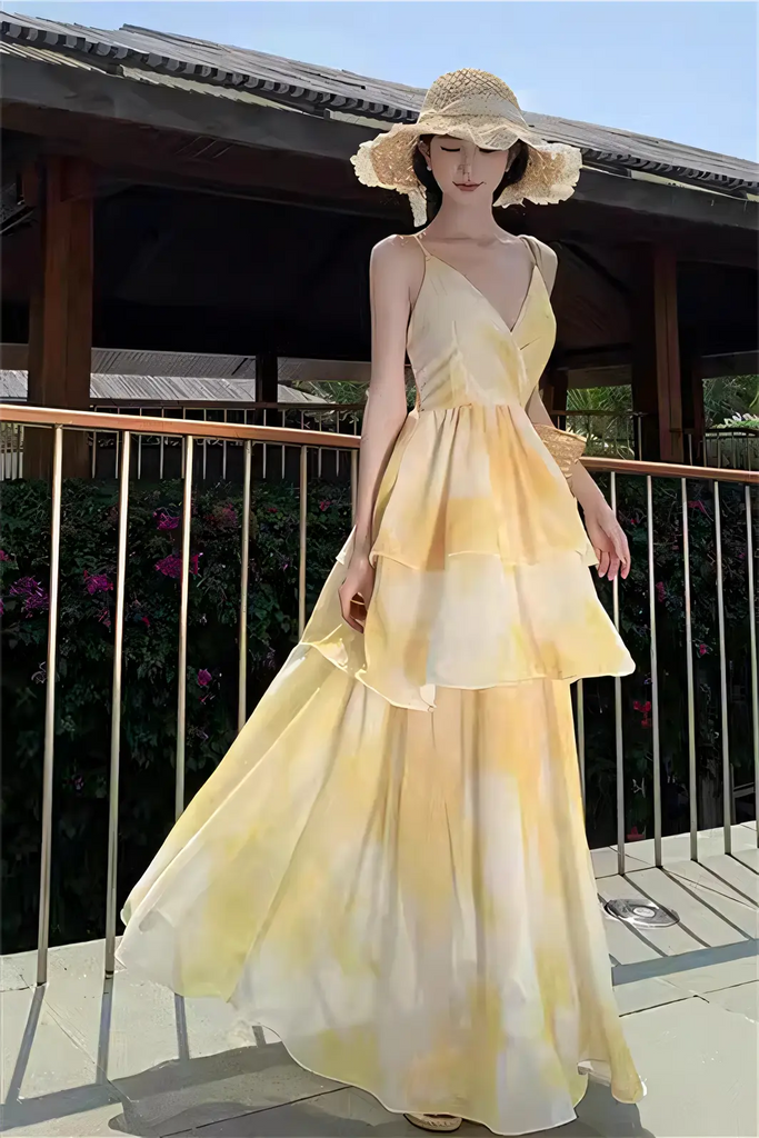 French Floral Tiered Maxi Dress – Summer Beach Vacation Sundress
