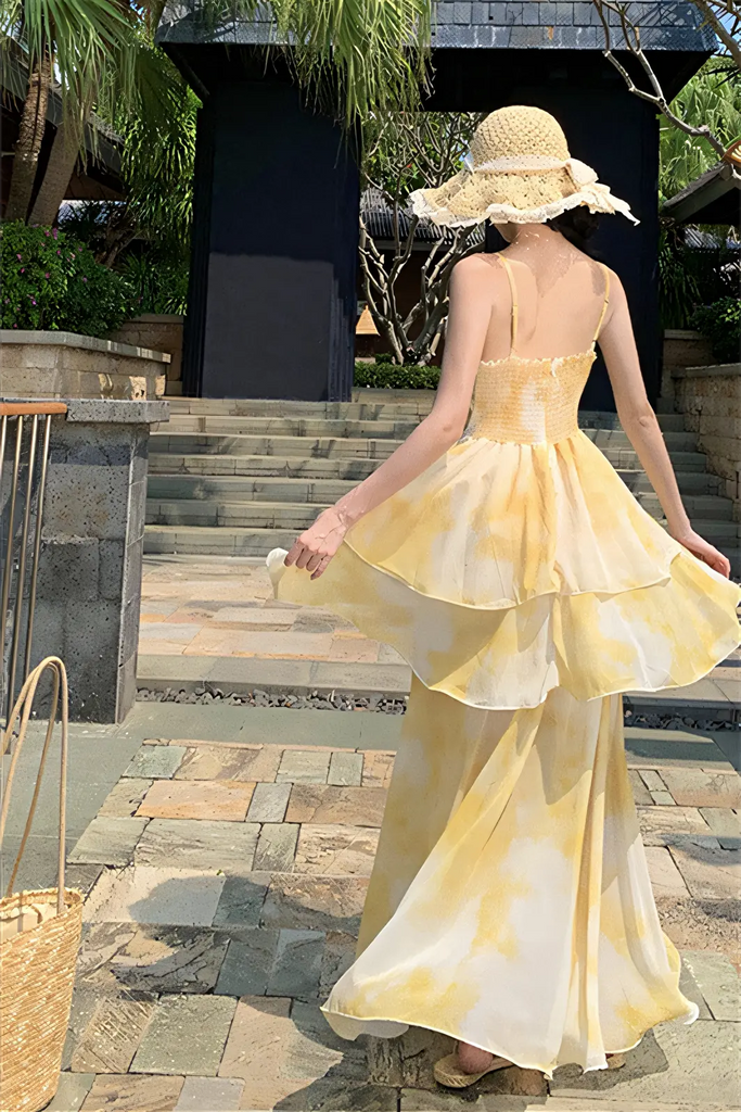 French Floral Tiered Maxi Dress – Summer Beach Vacation Sundress