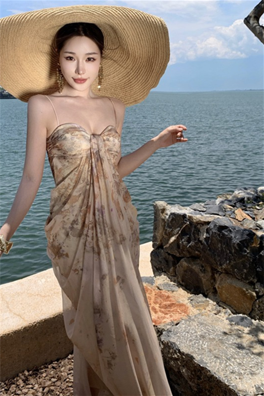 French Strapless Tulle Floral Maxi Dress – Elegant Slim Fit Vacation Sundress