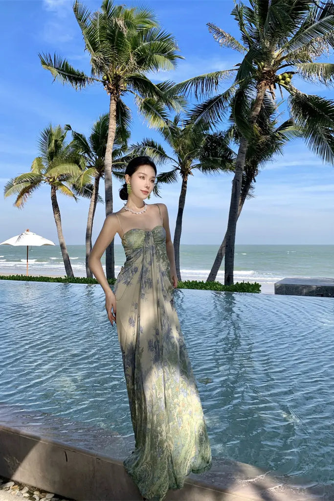 French Strapless Tulle Floral Maxi Dress – Elegant Slim Fit Vacation Sundress