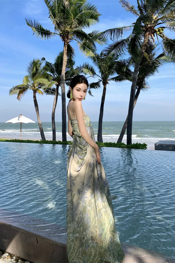 French Strapless Tulle Floral Maxi Dress – Elegant Slim Fit Vacation Sundress