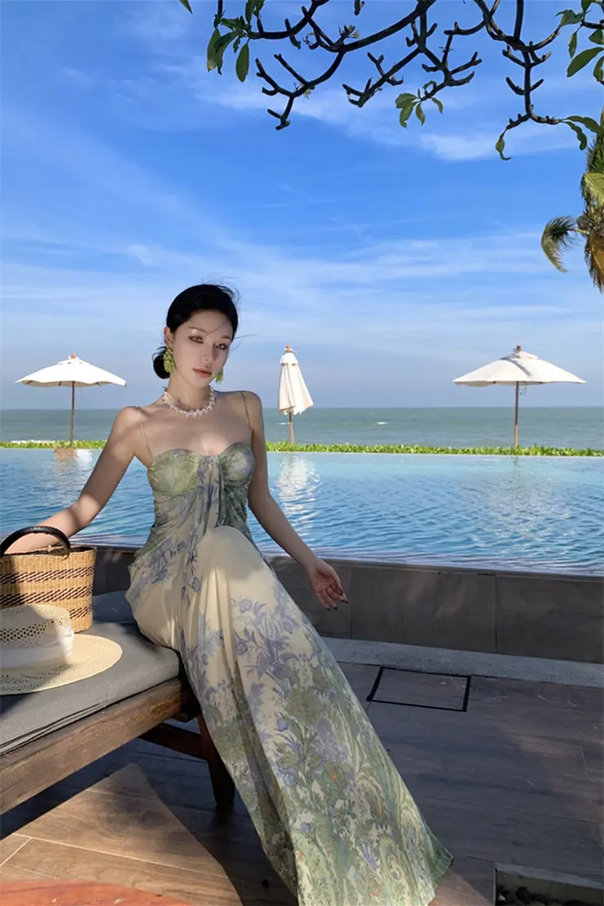 French Strapless Tulle Floral Maxi Dress – Elegant Slim Fit Vacation Sundress