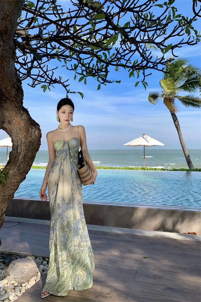 French Strapless Tulle Floral Maxi Dress – Elegant Slim Fit Vacation Sundress
