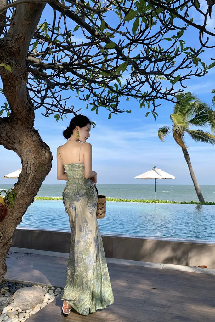 French Strapless Tulle Floral Maxi Dress – Elegant Slim Fit Vacation Sundress
