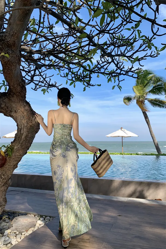French Strapless Tulle Floral Maxi Dress – Elegant Slim Fit Vacation Sundress