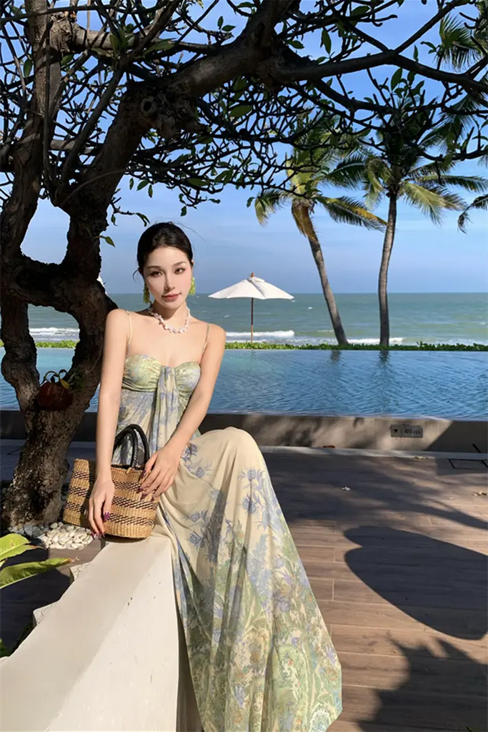 French Strapless Tulle Floral Maxi Dress – Elegant Slim Fit Vacation Sundress