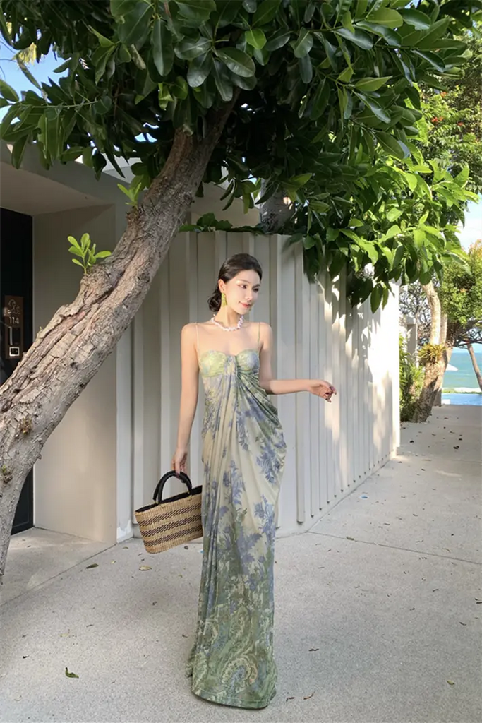 French Strapless Tulle Floral Maxi Dress – Elegant Slim Fit Vacation Sundress