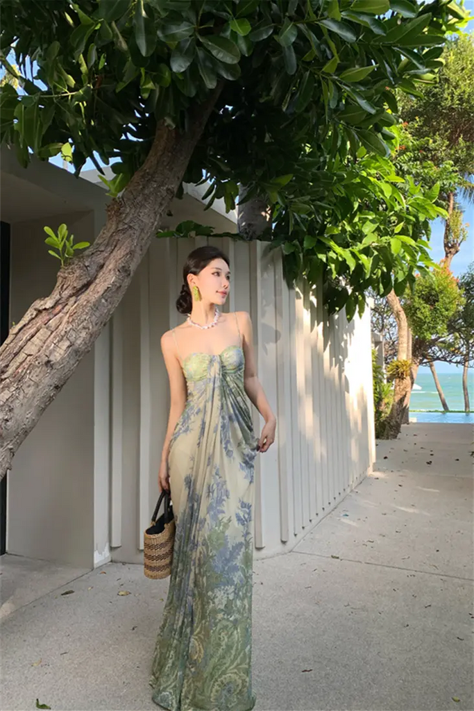 French Strapless Tulle Floral Maxi Dress – Elegant Slim Fit Vacation Sundress