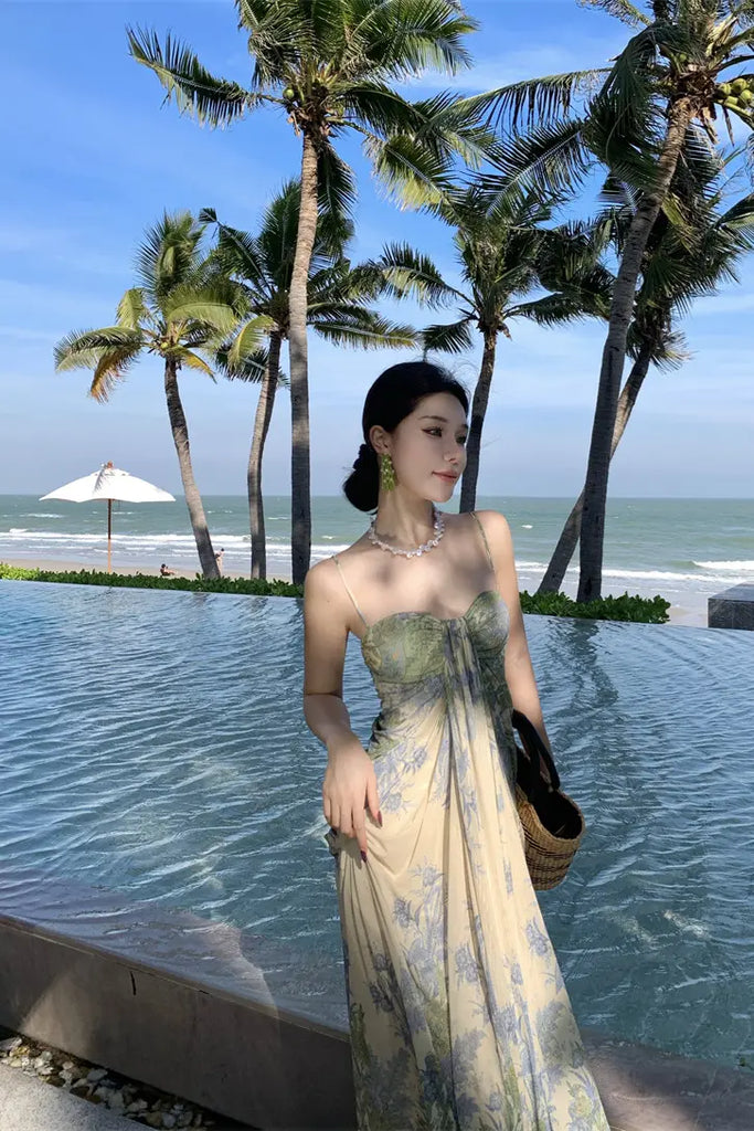French Strapless Tulle Floral Maxi Dress – Elegant Slim Fit Vacation Sundress