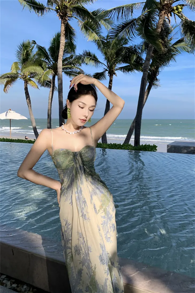 French Strapless Tulle Floral Maxi Dress – Elegant Slim Fit Vacation Sundress