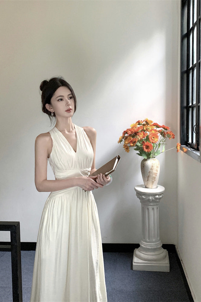 French V-Neck Halter Maxi Dress – Summer Elegant Slim Fit Vacation Style