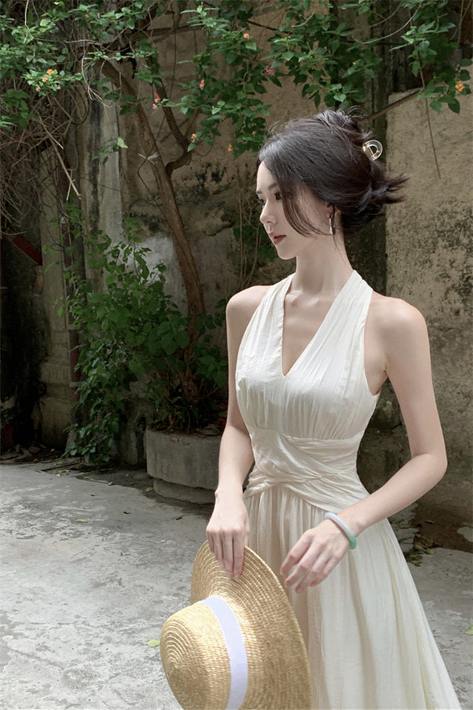 French V-Neck Halter Maxi Dress – Summer Elegant Slim Fit Vacation Style