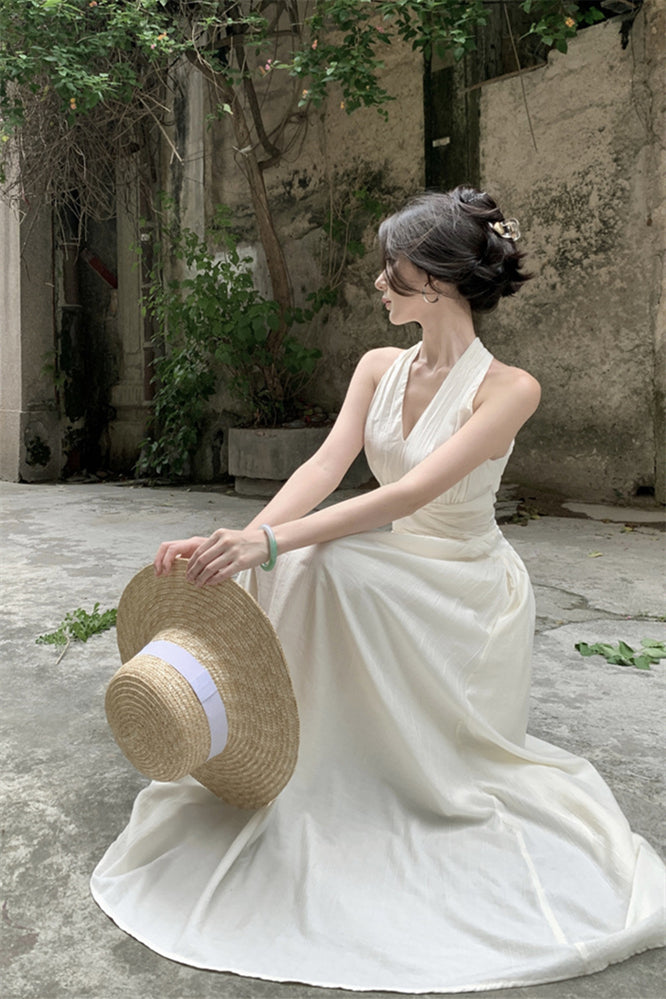 French V-Neck Halter Maxi Dress – Summer Elegant Slim Fit Vacation Style
