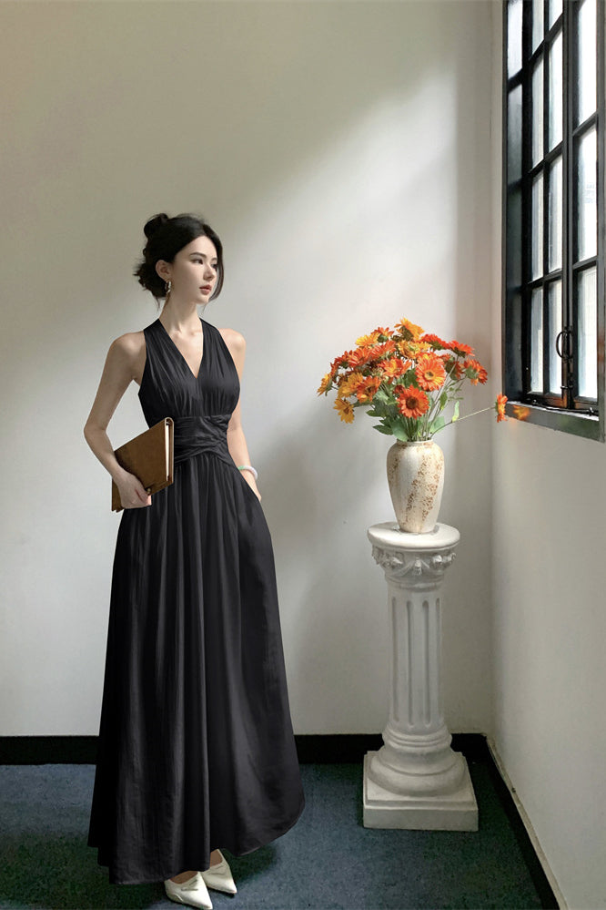 French V-Neck Halter Maxi Dress – Summer Elegant Slim Fit Vacation Style
