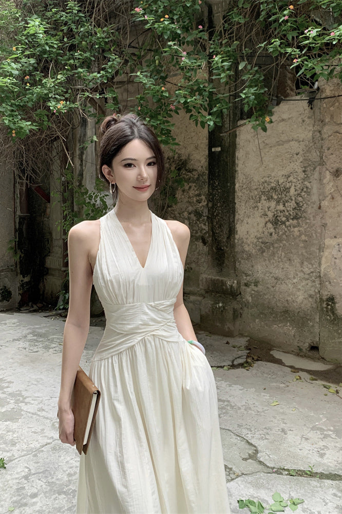 French V-Neck Halter Maxi Dress – Summer Elegant Slim Fit Vacation Style